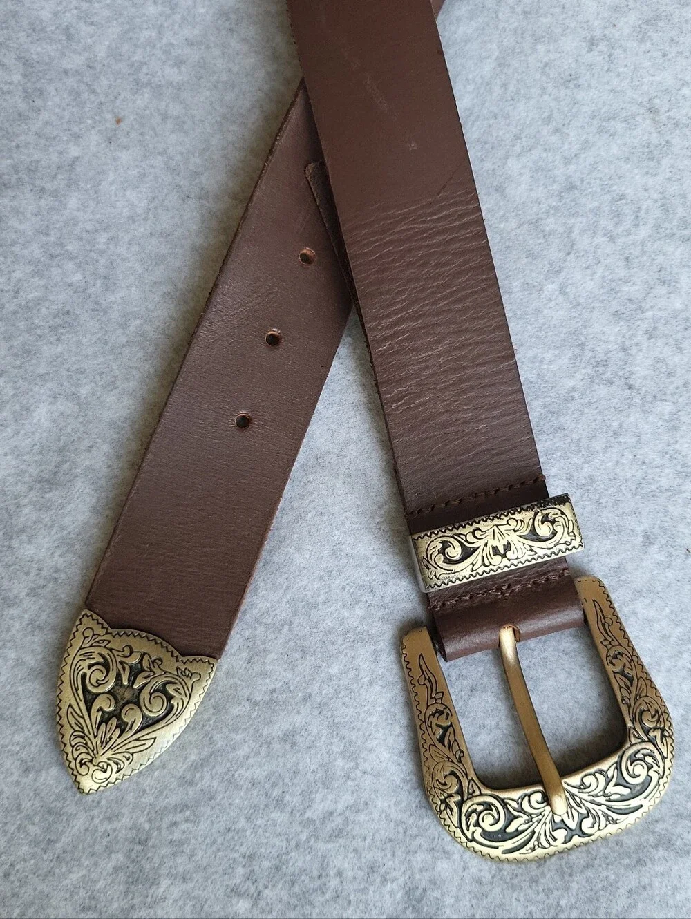 Silence + Noise Western Belt Mens Large Brown Cow Leather Cowboy Brass Buckle
